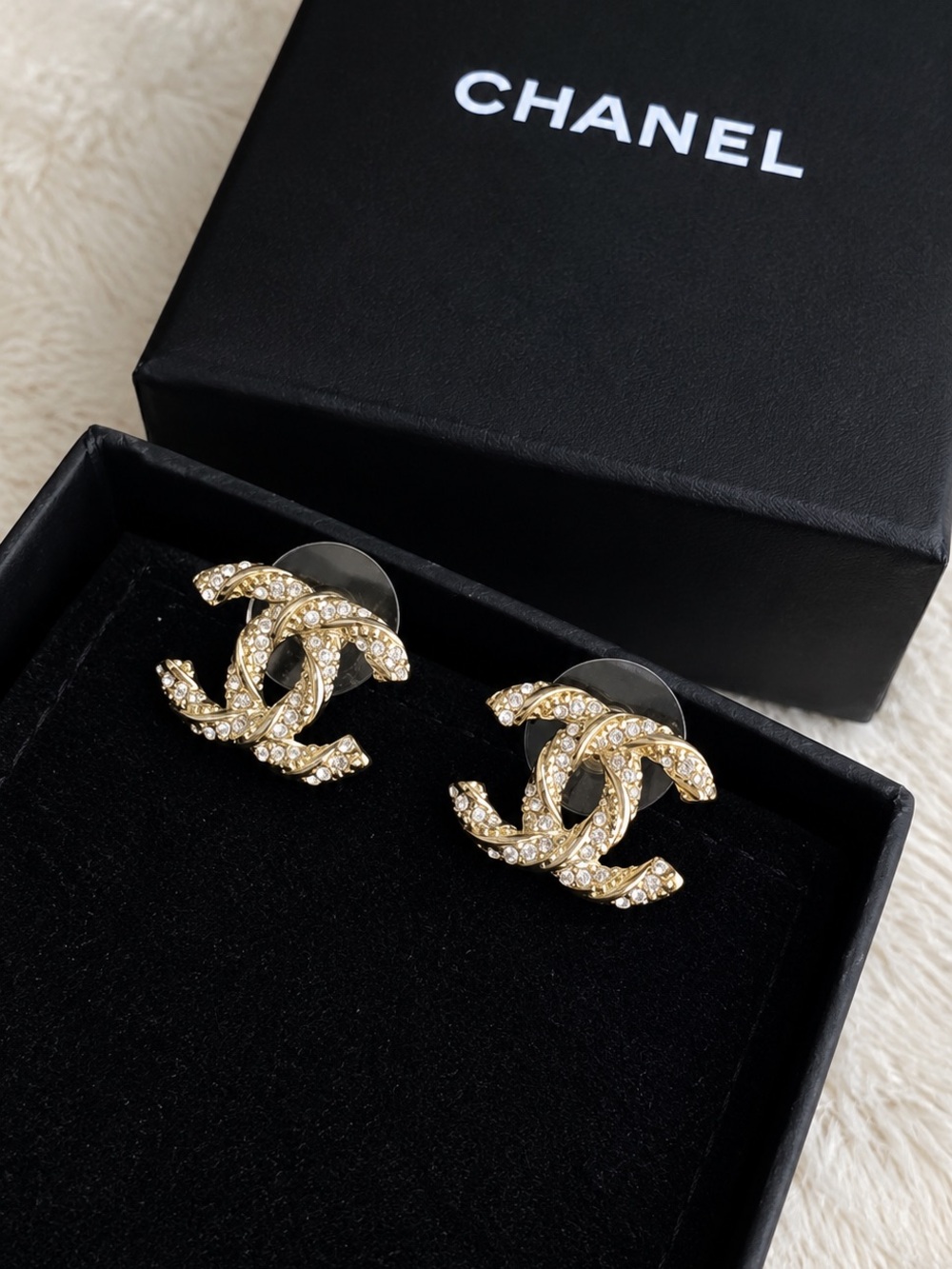 CHANEL Gold Crystal CC Logo Stud Earrings